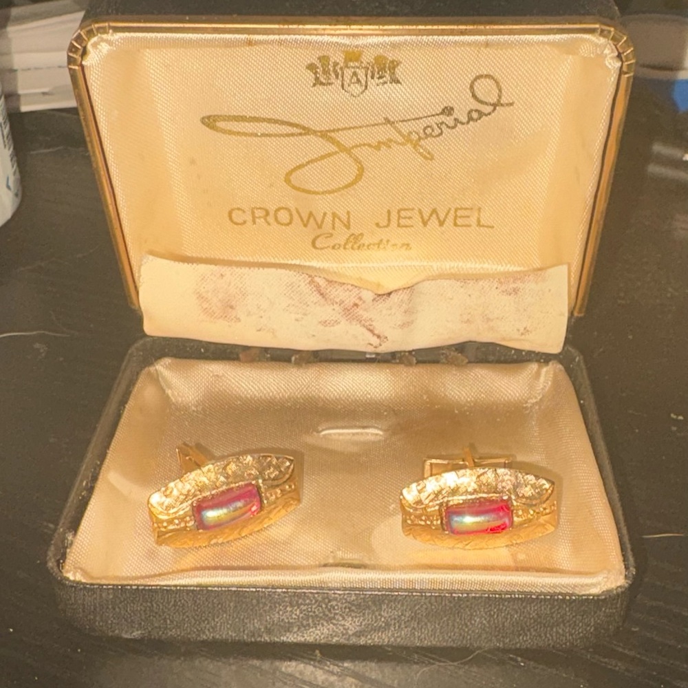 Crown Jewel Gold Tone Aurora Borealis Stone Cufflinks